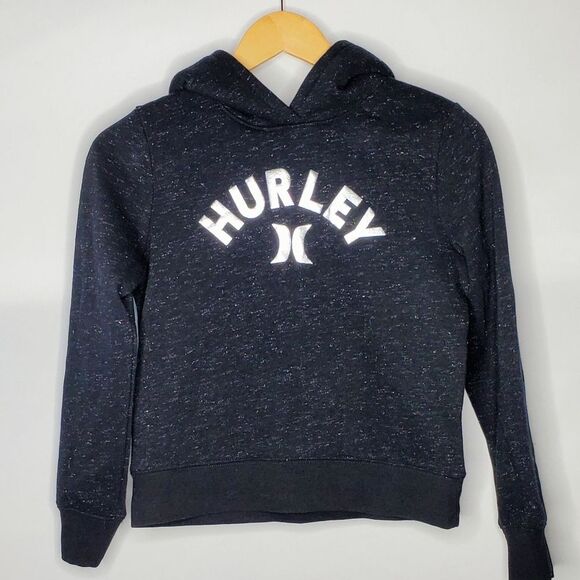 Girl's Large Hurley Hoodie- Fleece-Lined Hood Black with Silver Logo and Sparkle - Picture 1 of 5